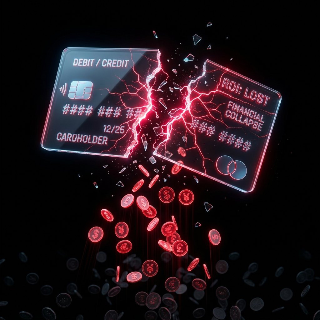 Cartão de crédito estilhaçado com perda de moedas - 3D Render