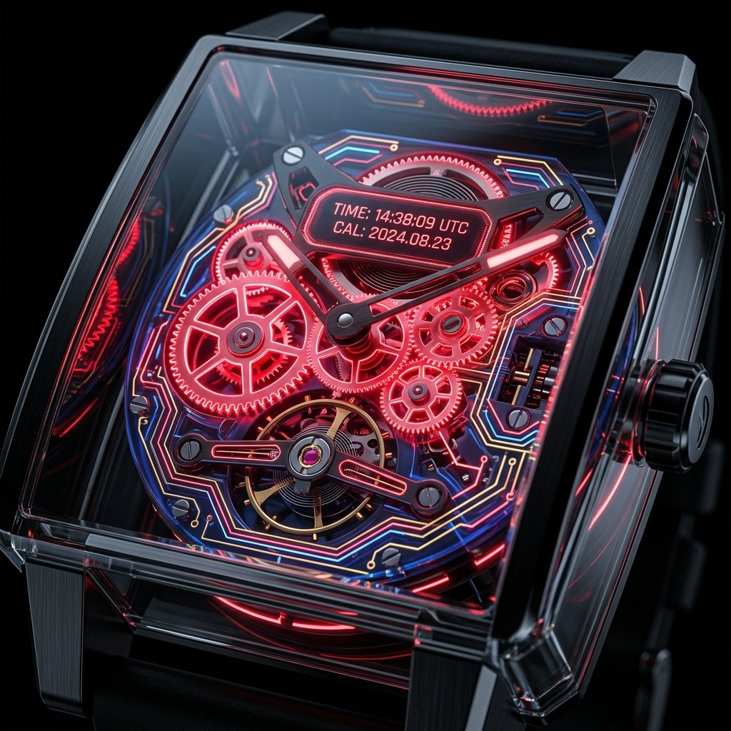 Mecanismo de relógio de cristal neon - 3D Render